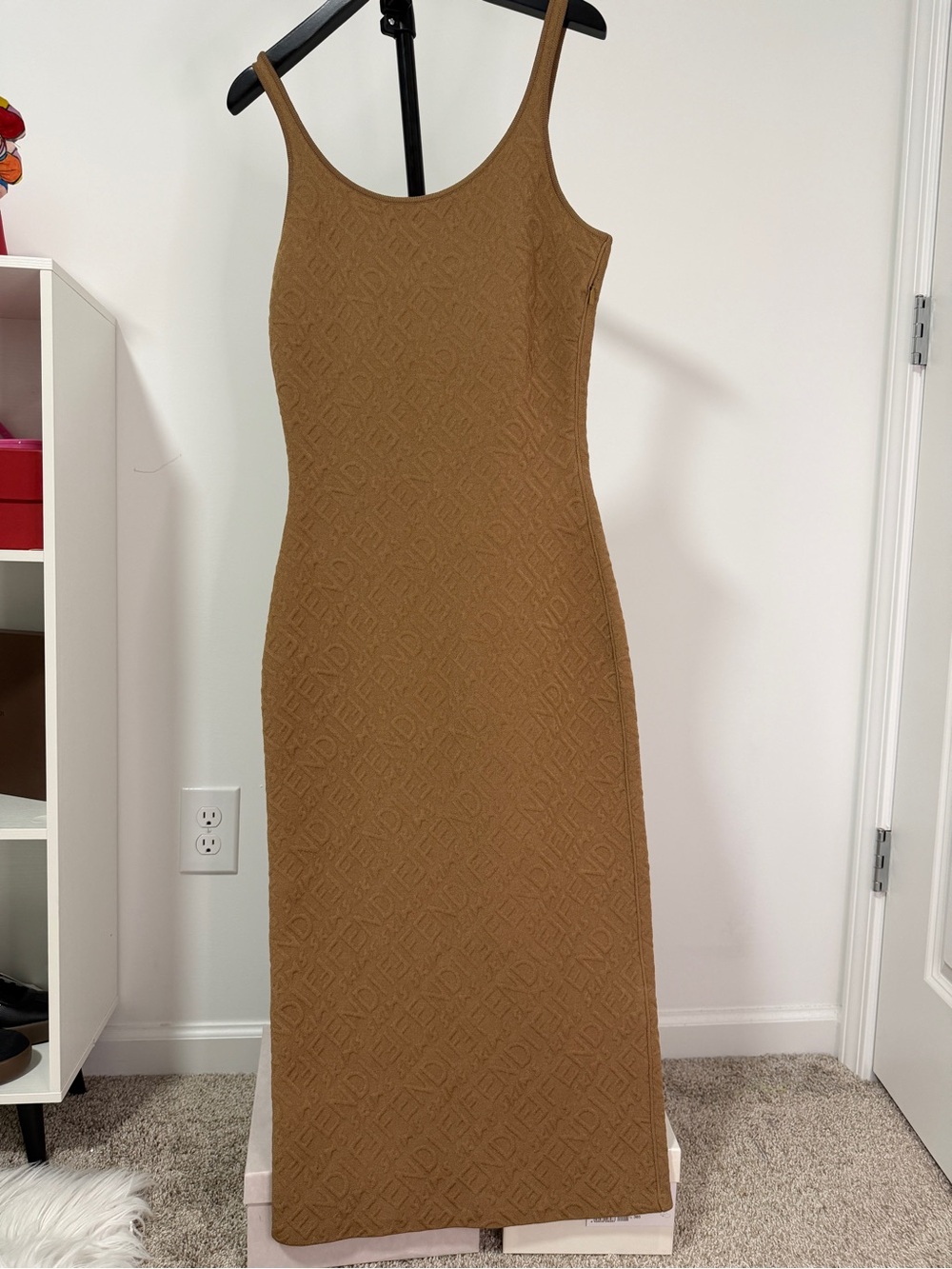 FENDI SKIMS Camel Textured Maxi Slip Dress with Thin Straps
